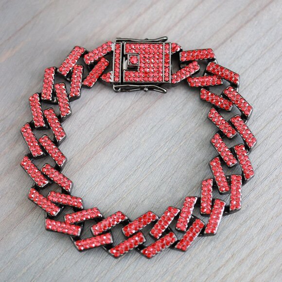 14mm 8inches Cuban Curb Diamond Chain Red/Black Plated Bracelet with Rhinestones - Picture 1 of 3